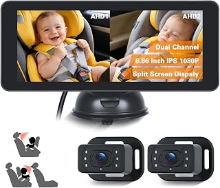 Hikity 2 x Auto Baby Camera with 6.86" HD 720p Monitor for Car | IPS monitor babyphone 2 cameras with 360° infrared camera and swivel security camera, suitable for car seats