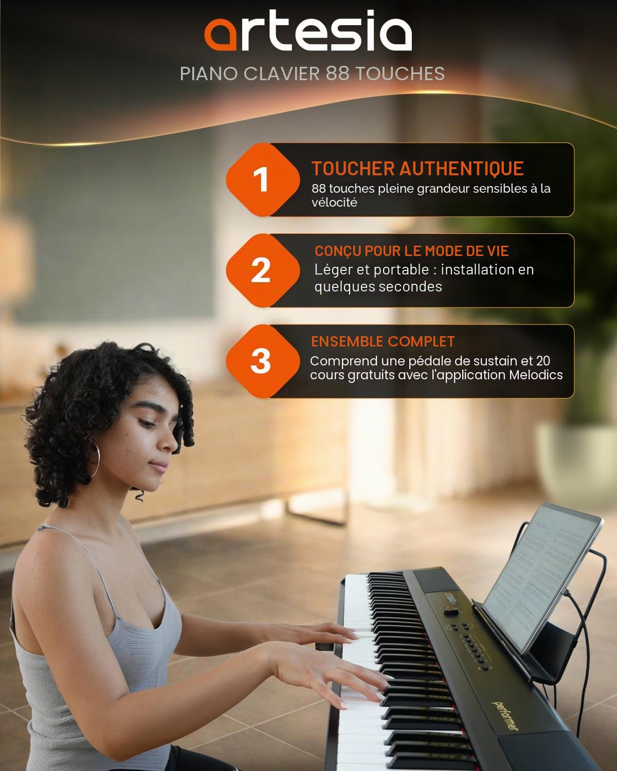 Artesia Piano numérique portable à 88 touches, clavier électrique avec touches sensibles à la vitesse, ensemble pour débutants avec pédale de sustain, support de musique et leçons de piano gratuites