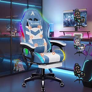 ALFORDSON Silla Gaming con Masaje y LED, Silla Gamer Ergonómica con Reposapiés Telescópico, Cojín Lumbar y Cervical, Iluminación para Juegos, Oficina, Ordenador, Videojuego, Lino(Azul y Blanca)