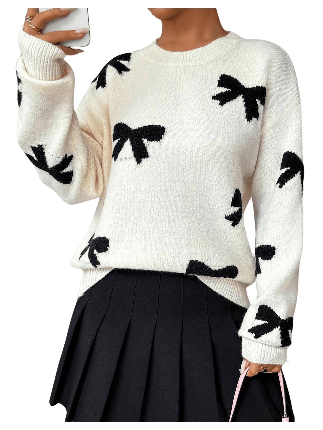 Bow Sweater Women Long Sleeve Crewneck Cute Sweaters Casual Vintage Sweater with Bow Winter Oversized Sweaters