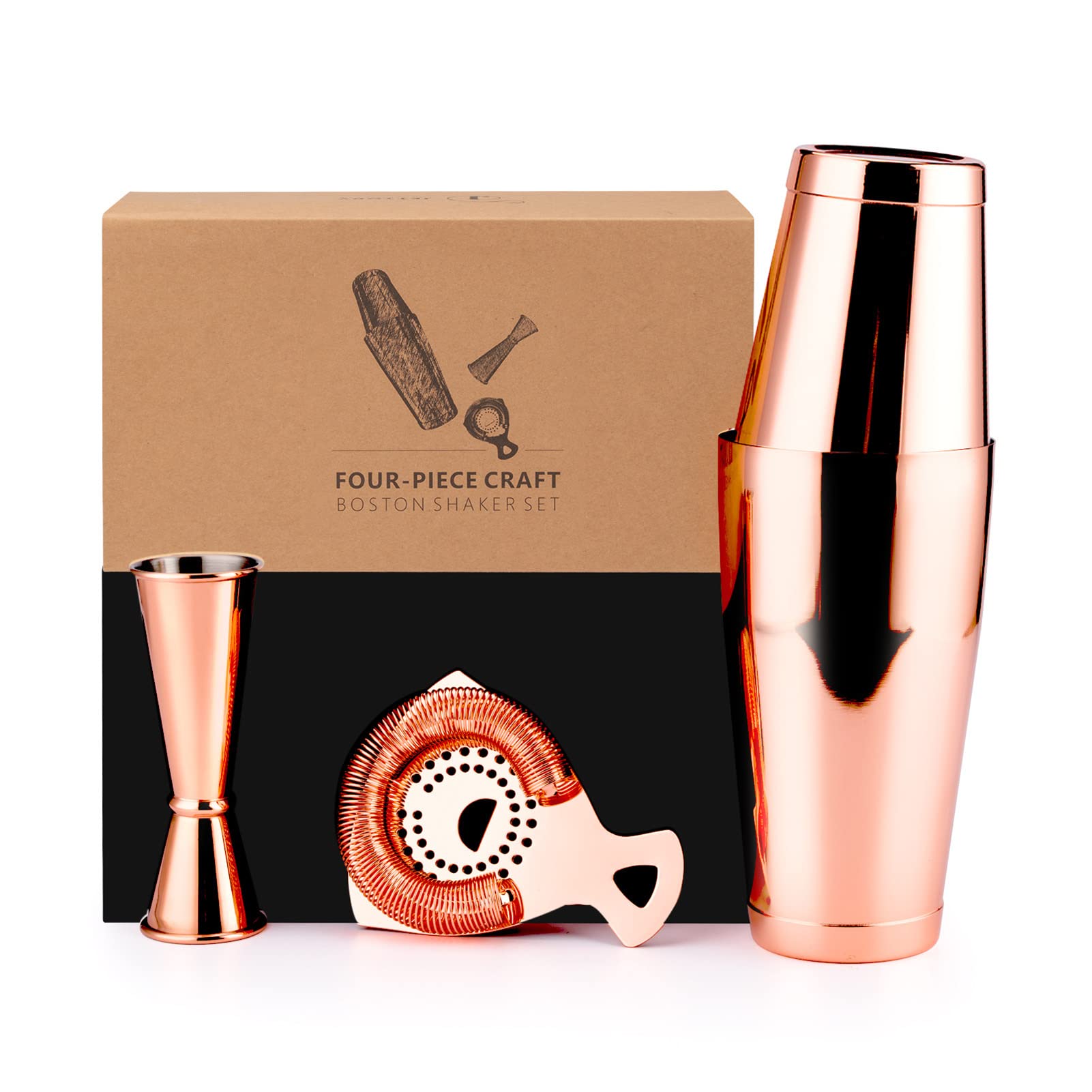 Boston Shaker Set di 4 shaker da cocktail con shaker Boston da 18/28 oz in acciaio inox, filtro da bar e misurino, in una elegante confezione regalo, ideale per l'uso bar di casa (oro rosa).