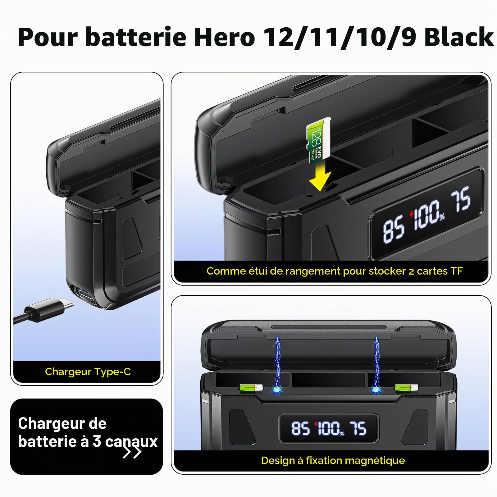Lot de 3 Batteries Hero 12 avec Chargeur pour Go-Pro Hero 12/11/10/9 Black, Chargeur de Batterie 3 canaux avec écran LCD, Fente pour Carte TF, Convient à Basse température, Chargeur
