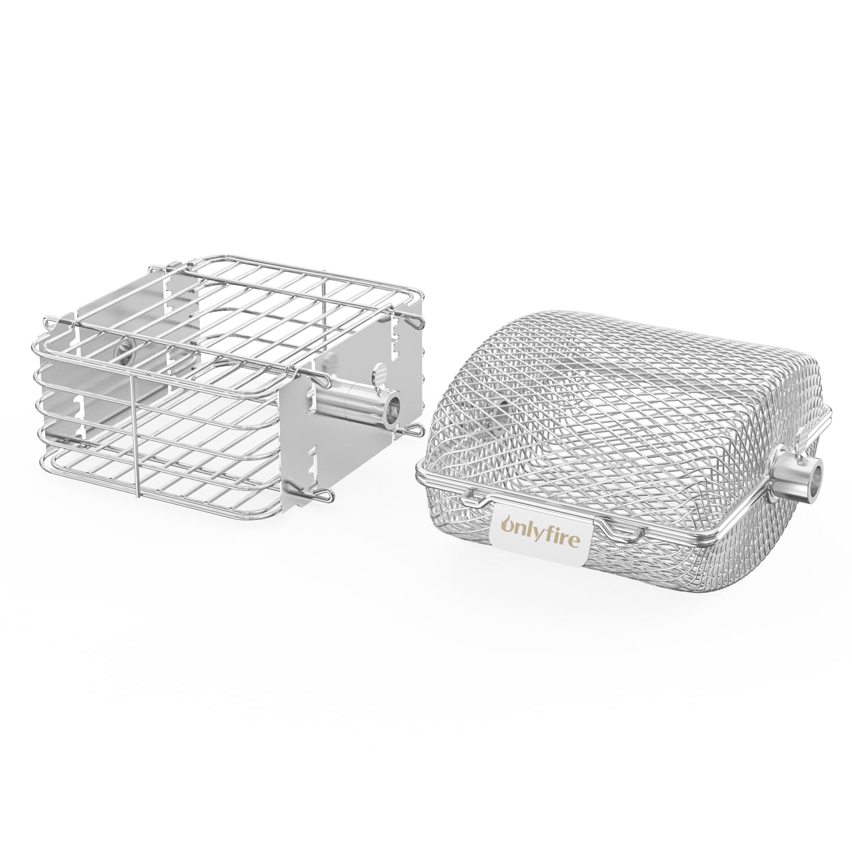 Onlyfire 2 Panier à Barbecue en Acier Inoxydable pour Tournebroche, Panier Grille pour Barbecue, Panier de Cuisson pour Légumes, Frites, Viande, Poisson, Carré + Rond