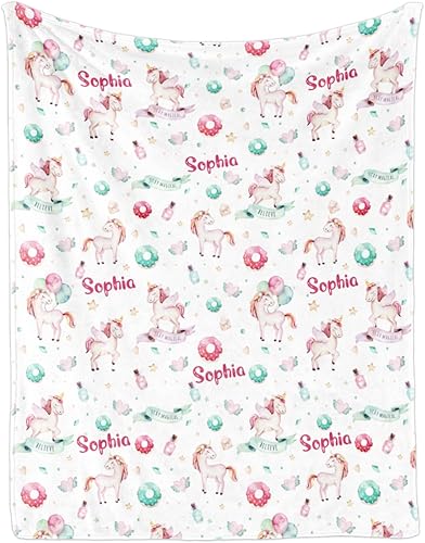Miniatura 80 de Artsadd Personalized Baby Blanket for Boys Girls with Name, Custom Baby Name Blanket with Unicorn Pattern Customized Name Receiving Swaddle Throw