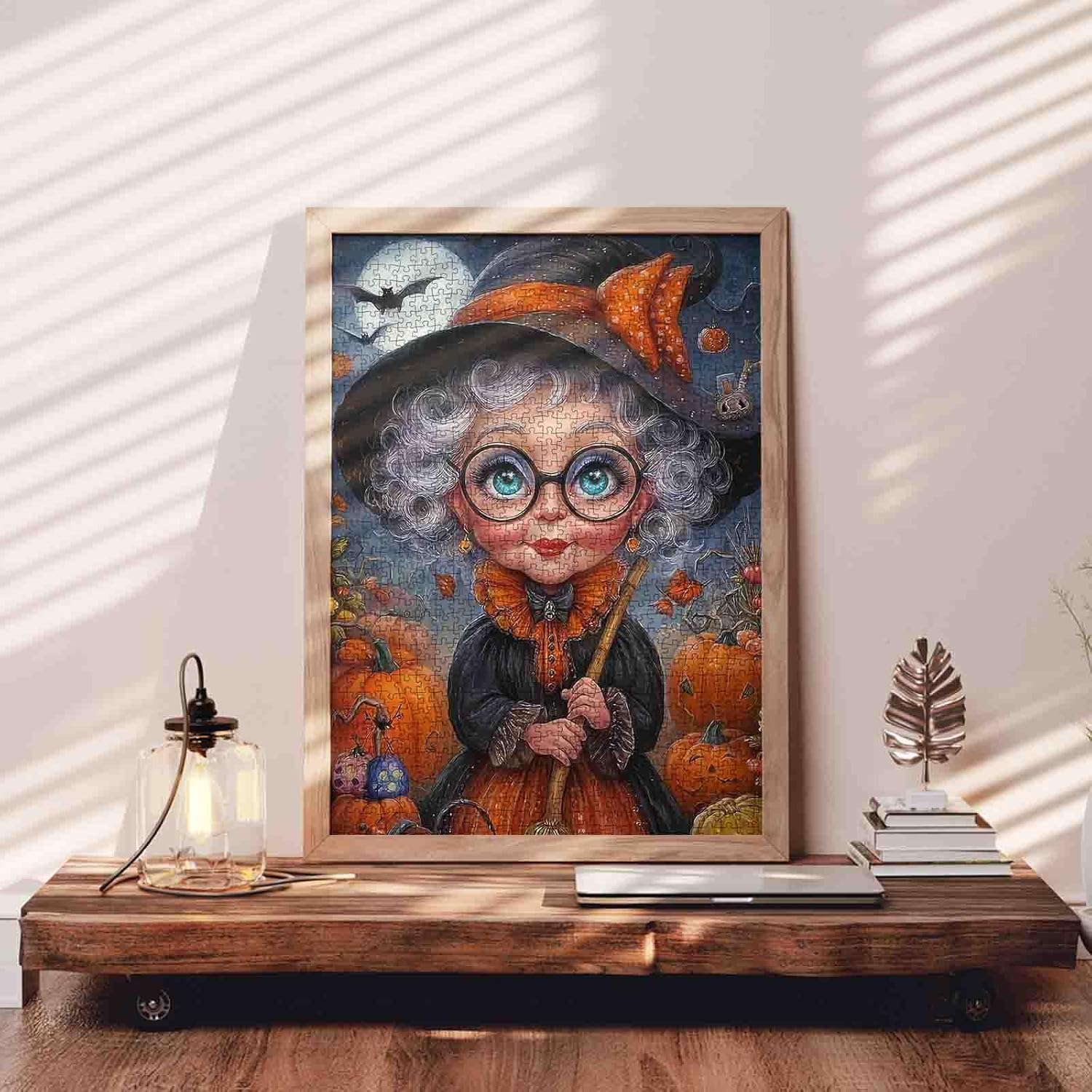 Halloween Night Puzzle Old Woman Wearing Witch Hat Puzzles for Adults 1000 Pieces,Halloween Pumkin Challenging Puzzles for Adults,Wall Decor DIY Craft Full Moon,Bat Jigsaw Puzzle 1000 Pieces Gift