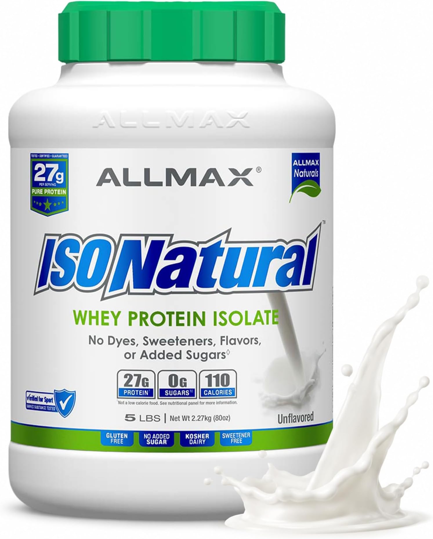 ALLMAX ISONATURAL Whey Protein Isolate, Unflavored - 5 lb - 27 Grams of Protein Per Scoop - Zero Fat & Sugar - 99% Lactose Free - with Prebiotics - No Artificial Flavors - Approx. 78 Servings