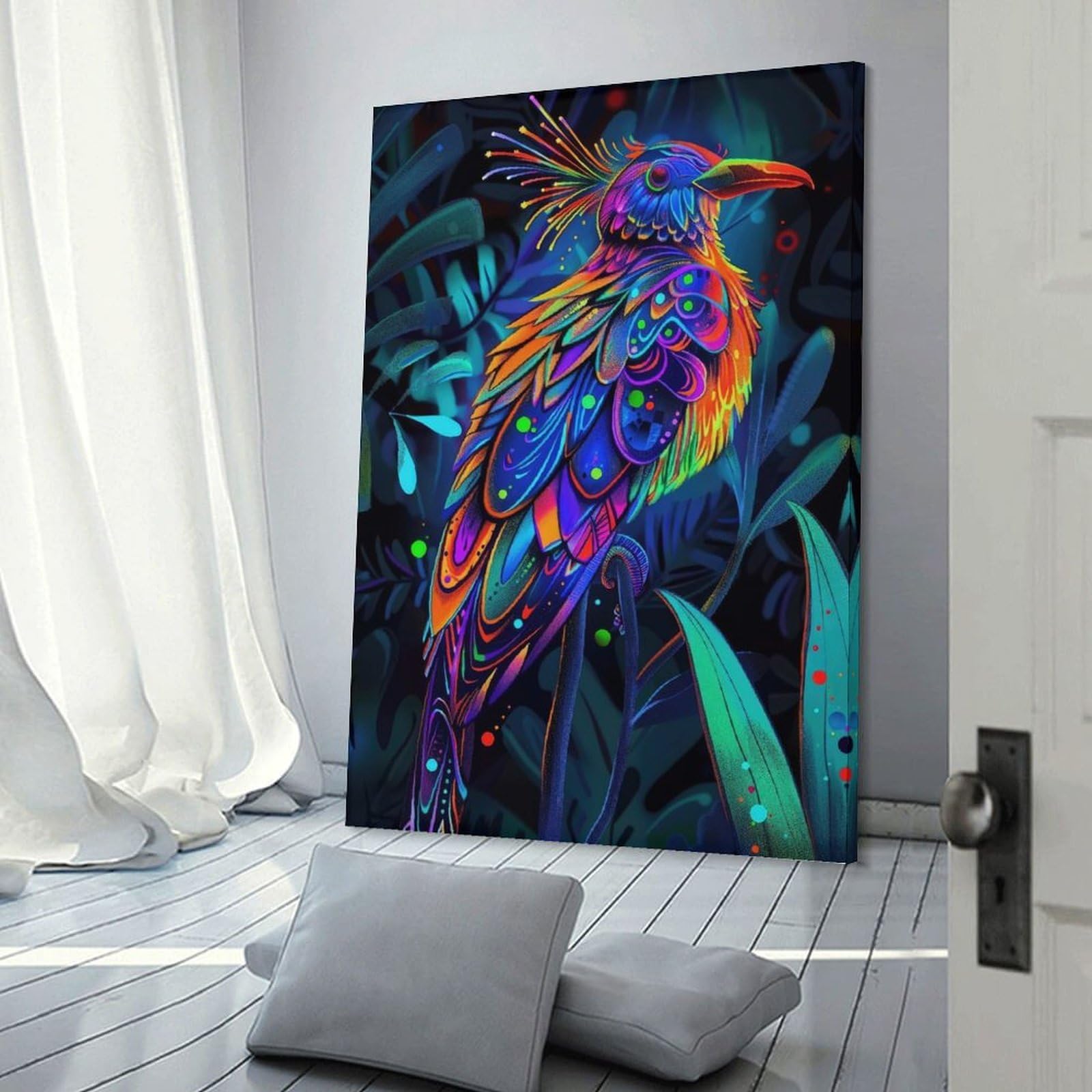 Junmoney Wall Decor Canvas Print Neon Bird in Jungle, 20x30inch(50x75cm), for Bedroom, Lounge Or Dressing Area, Stylish Decor for A Restful Room Update