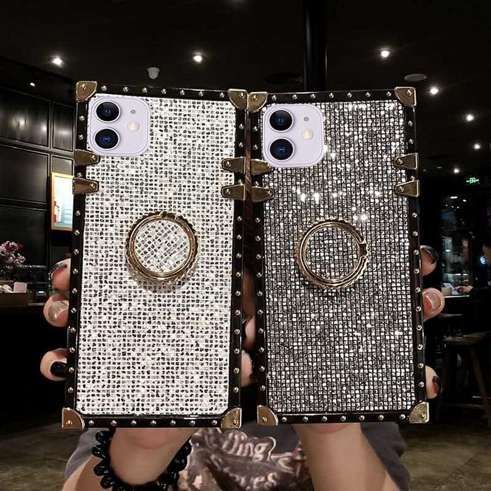 BABEMALL Compatible for iPhone 11 6.1" Case, Elegant Premium Bling Glitter Square Protective with Shock Absorption Full-Body Rugged Shockproof Back Case with Crystal Strap (Black)