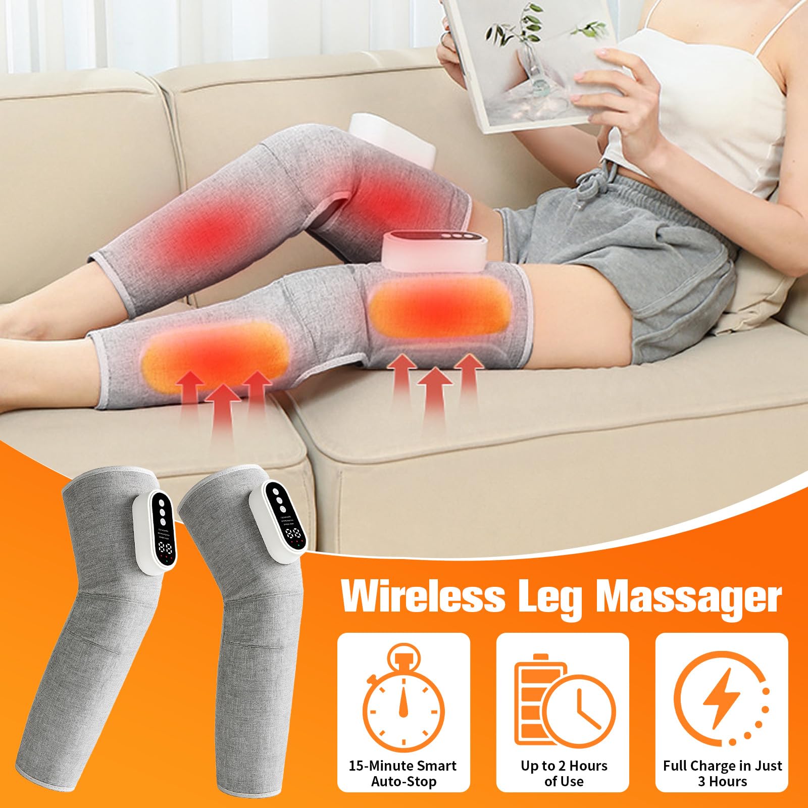 Lot de 2 masseurs de jambes sans fil avec chauffage et compression d'air – Masseur de mollet avec 3 modes et intensités pour soulager les muscles, drainage lymphatique, masseur de jambes réglable pour