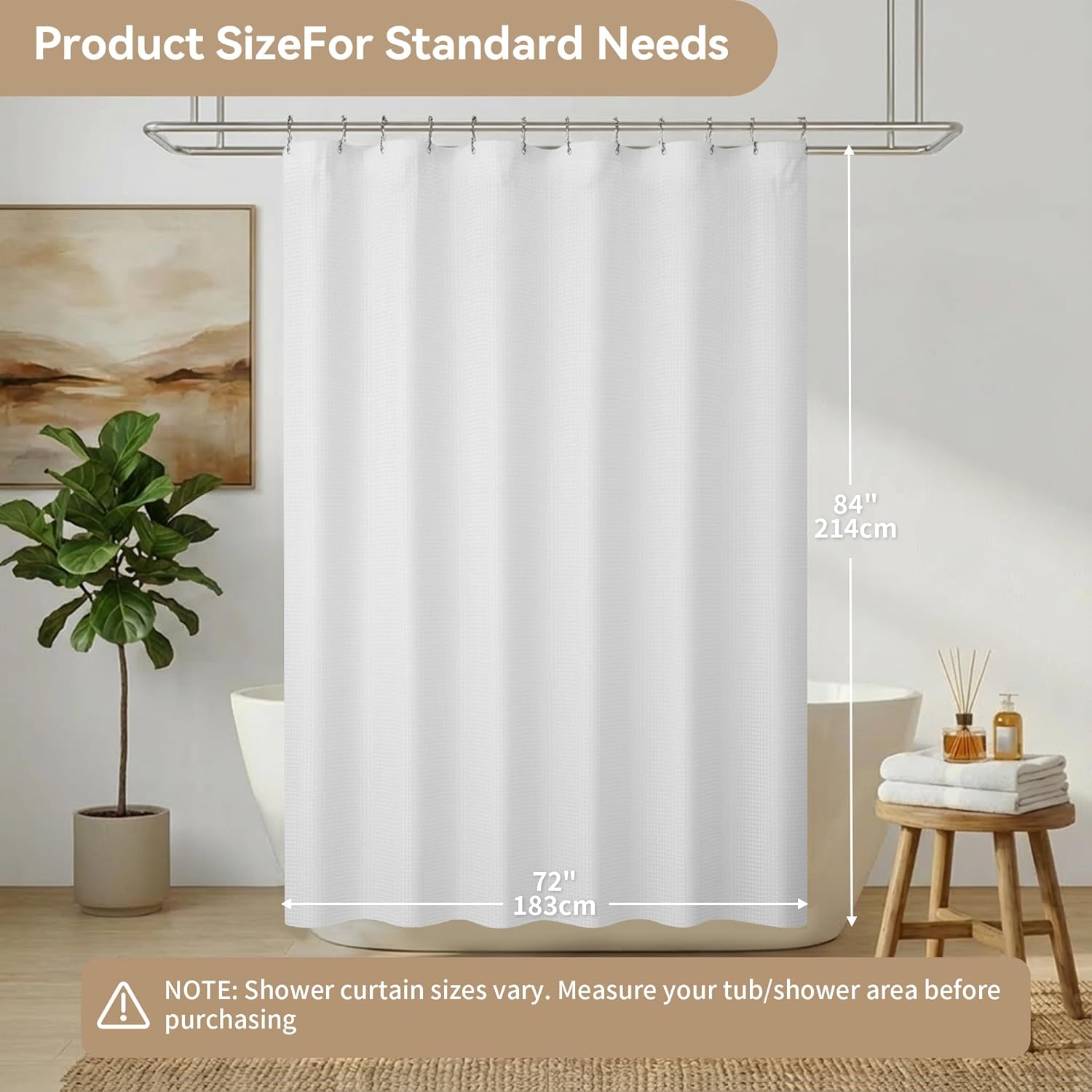 3 in 1 Shower Curtain Set, Waffle Shower Curtain and Liner Set with 12 Double Sided Shower Curtain Hooks, 72 x 84 Fabric Shower Curtains for Bathroom, White