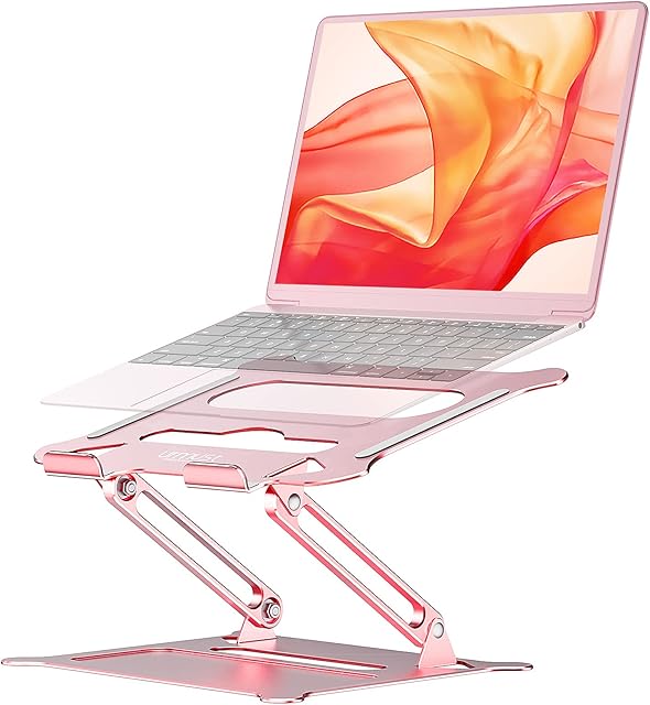 urmust Laptop Notebook Stand Holder, Ergonomic Adjustable Ultrabook Stand Riser Portable with Heat-Vent Compatible with MacBook Air Pro, Dell, HP, Lenovo Light Weight Aluminum Up to 15.6" (Rose Gold)