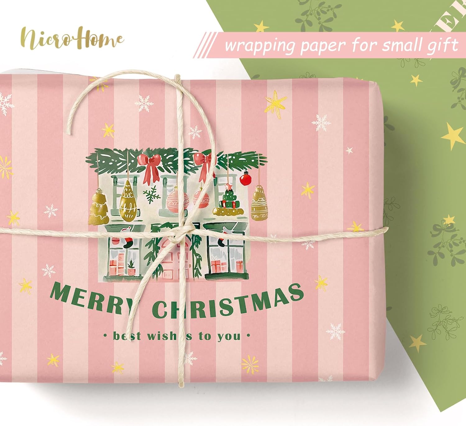 NICROHOME EUR 24 Sheets Christmas Tissue Paper, Sage Green Pink Tissue Wrapping Paper with Christmas Tree House Snowman Socks Pattern, Small Gifts Wrapping Paper for Xmas Crafts Gifts (15 X 20 Inch)