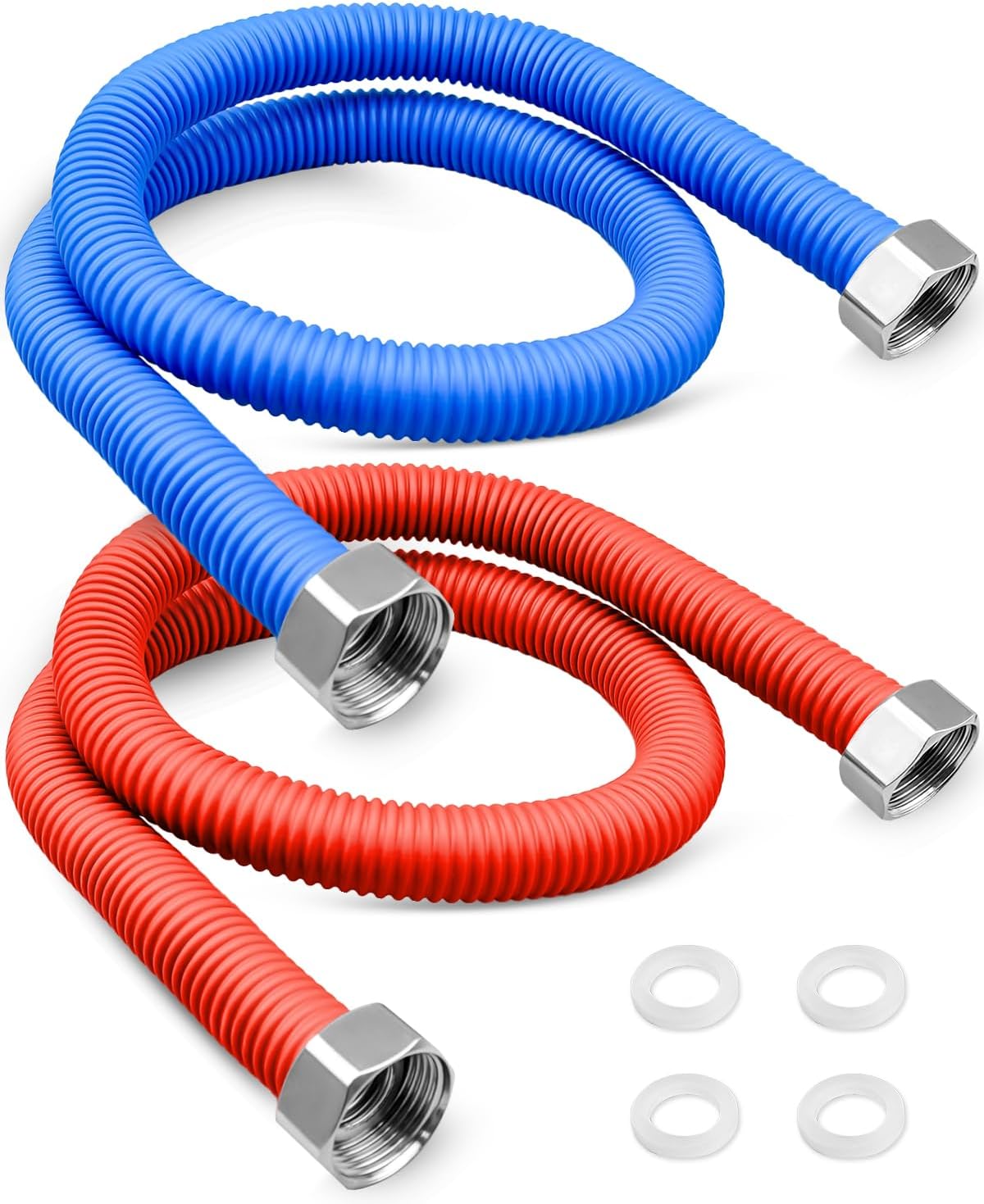 2Pcs Flexible Stainless Steel Corrugated Water Heater Connector, 3/4" FIP x 3/4" FIP Hot and Cold Color Water Heater Flexible Hose, 36" Length