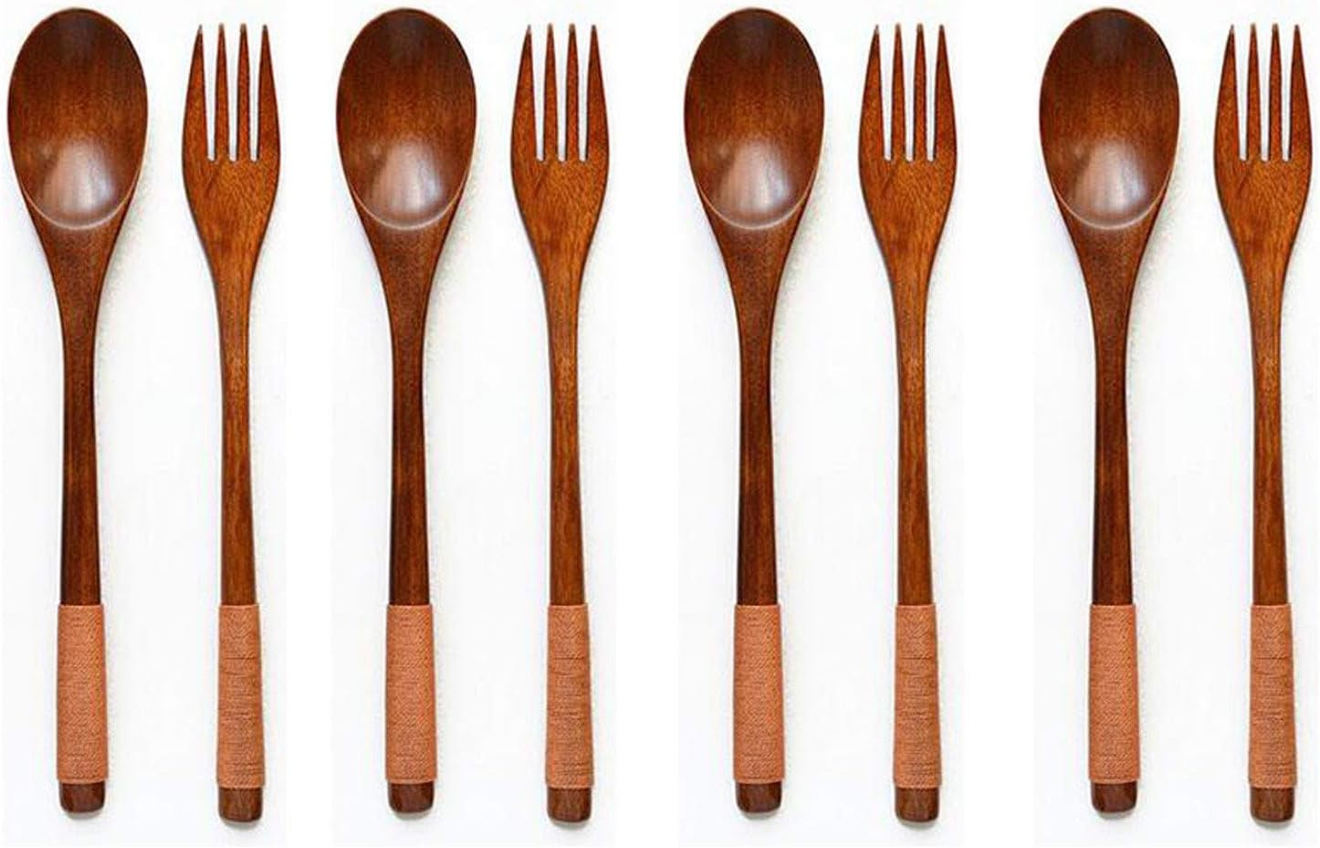 XMHF Wooden 9 inch Japanese Spoon Fork Set Kitchen Tableware Dinnerware Flatware Natural Wood Cutlery Wooden Dinner Utensil Set, 3 Spoons and 3 Forks (Brown Tied Line)