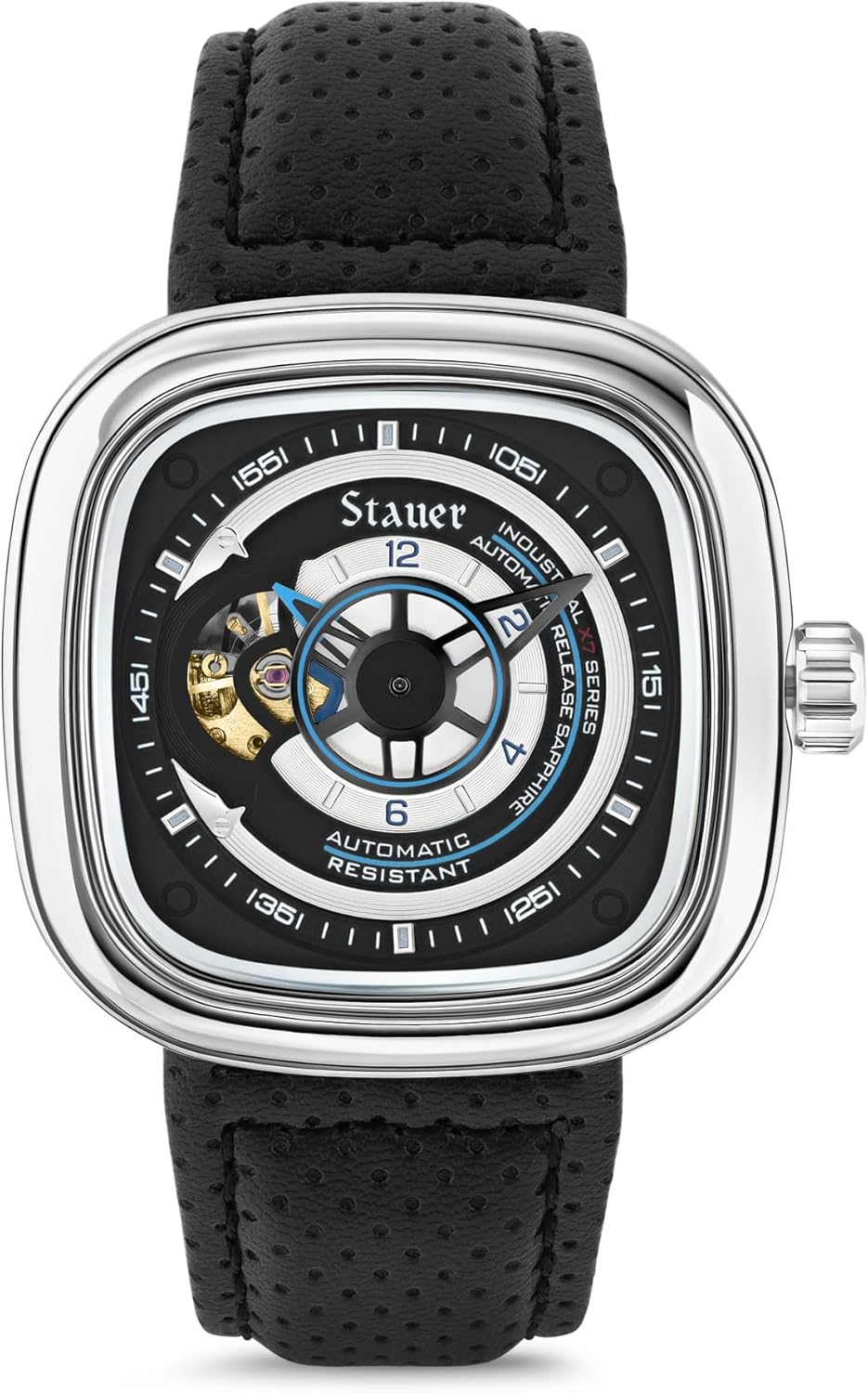 Stauer Square Skeleton Automatic Watch for Men – 44mm Silver Cushion Case, Black Open Heart Dial, 21-Jewel Mechanical Movement, Leather Strap