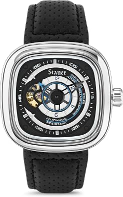 Stauer Square Skeleton Automatic Watch for Men 44mm Silver Cushion Case, Black Open Heart Dial, 21-Jewel Mechanical Movement, Leather Strap