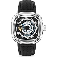 Stauer Square Skeleton Automatic Watch for Men - 44mm Silver Cushion Case, Black Open Heart Dial, 21-jewel Mechanical Movement, Leather Strap, Stainless Steel Case with Black Skeleton Dial