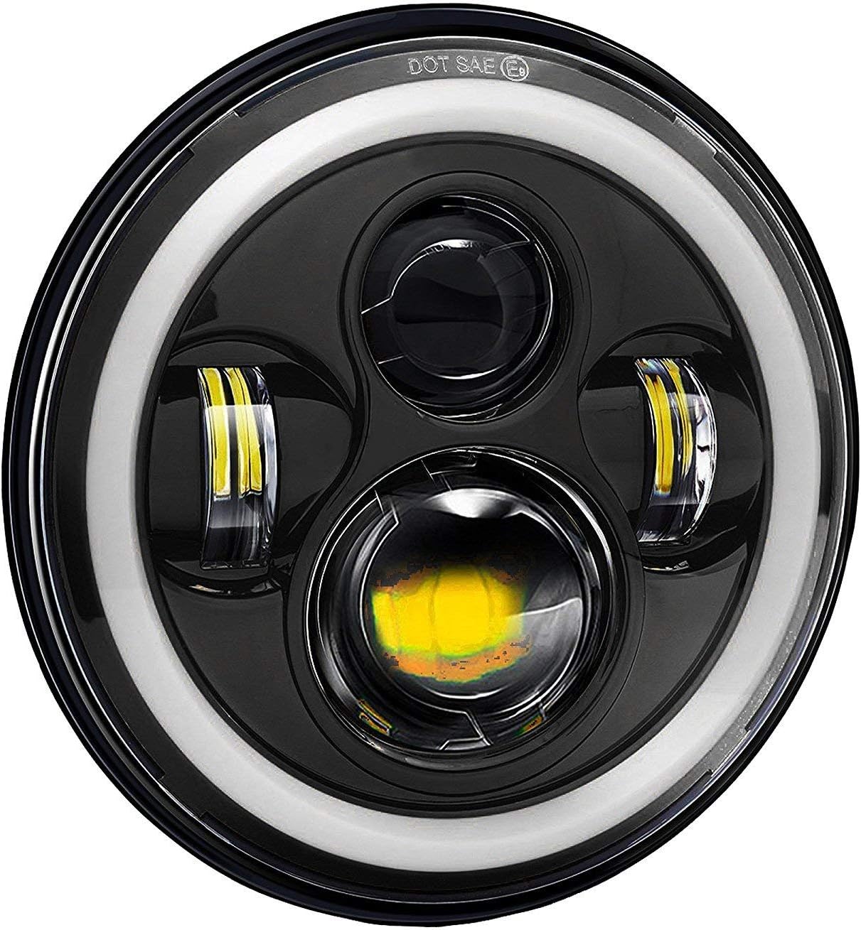 75W Round LED Harley Style Headlight with Full Ring Hi/Lo Beam and Halo Angel Eyes for Motorcycle Cars and Bikes (White, Amber Yellow, 7 Inch)