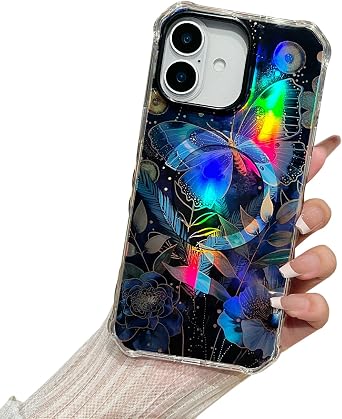 Hocase for iPhone 16 Case 6.1"", with [Curly Wave Edge & Shiny Design] [Compatible with MagSafe] [Reinforced Corners] Slim Fit Shockproof Protective Phone Case - Blue Butterfly