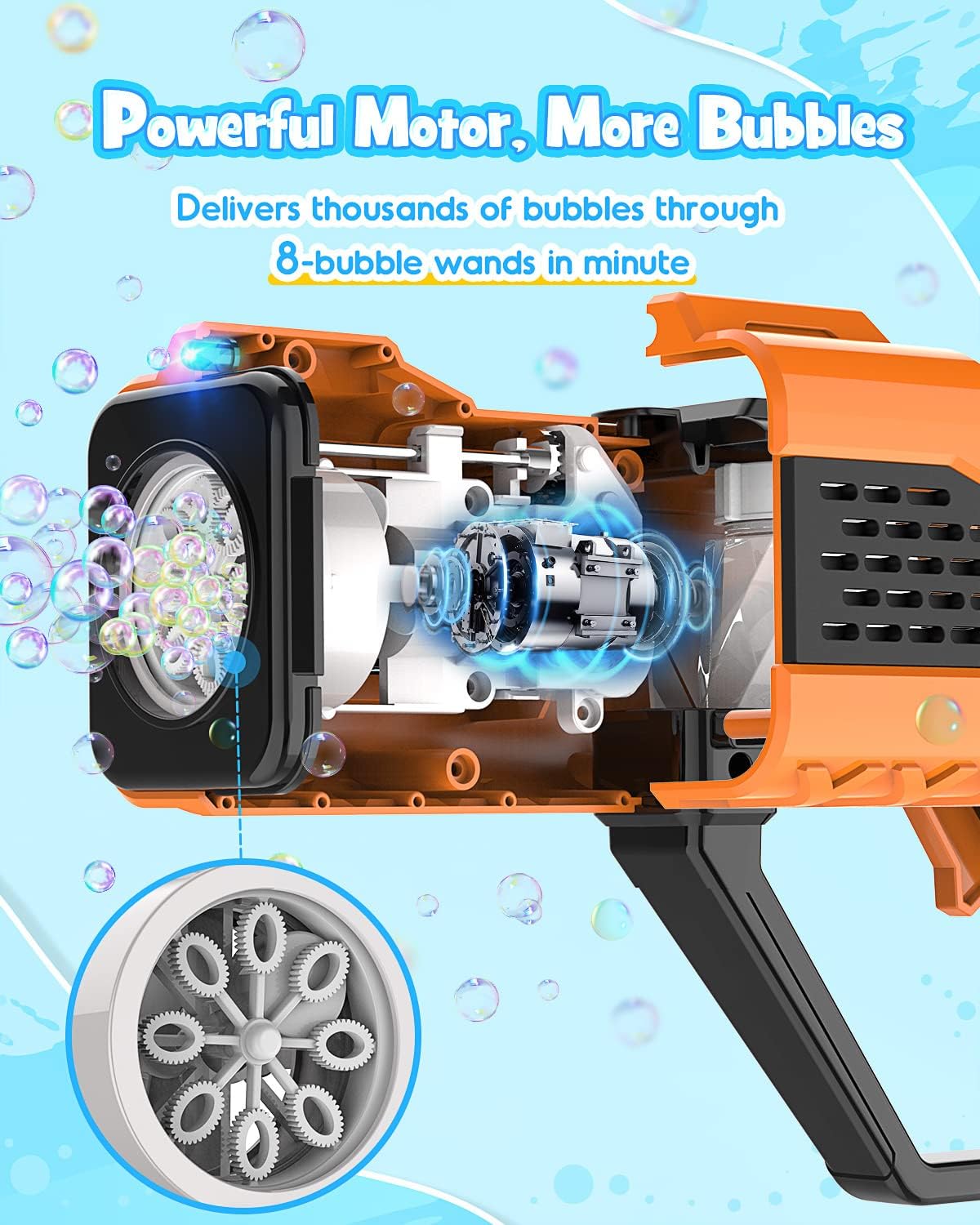 Bubble Gun - Bubble Machine for Kids - Bubble Blaster with 8 Wands & LED Light - Bubble Blower Include Bubble Solution & Batteries - Bubble Maker Gifts for Boys and Girls