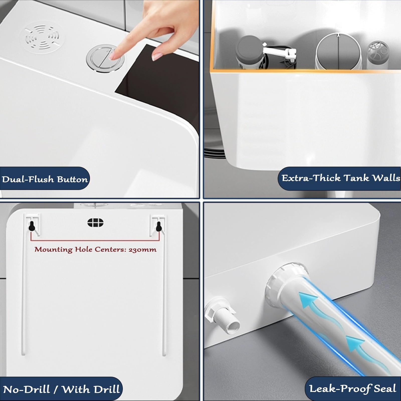 Depósito de inodoro de plástico de perfil bajo, diseño de ahorro de agua, mecanismo de descarga completo incluido, modelo silencioso blanco - ideal para renovación e instalación de baños.