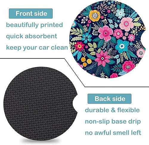 Miniatura 7 de Posavasos para portavasos de automóvil, paquete de 2 posavasos florales para automóvil, tapete de goma antideslizante de tamaño universal de 2.75