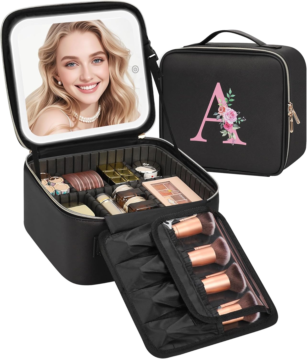 Relavel Valentine's Day Gifts for Teen Girls Women Girlfriend, Initial Makeup Bag with LED Mirror Travel Cosmetic Organizer Train Case for Grandkids Graduation Teacher, Trendy Stuff, Black A