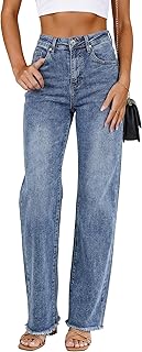 Straight Leg Jeans for Women High Waisted Stretchy Frayed Raw Hem Loose Denim Pants Casual Baggy Jean Trousers