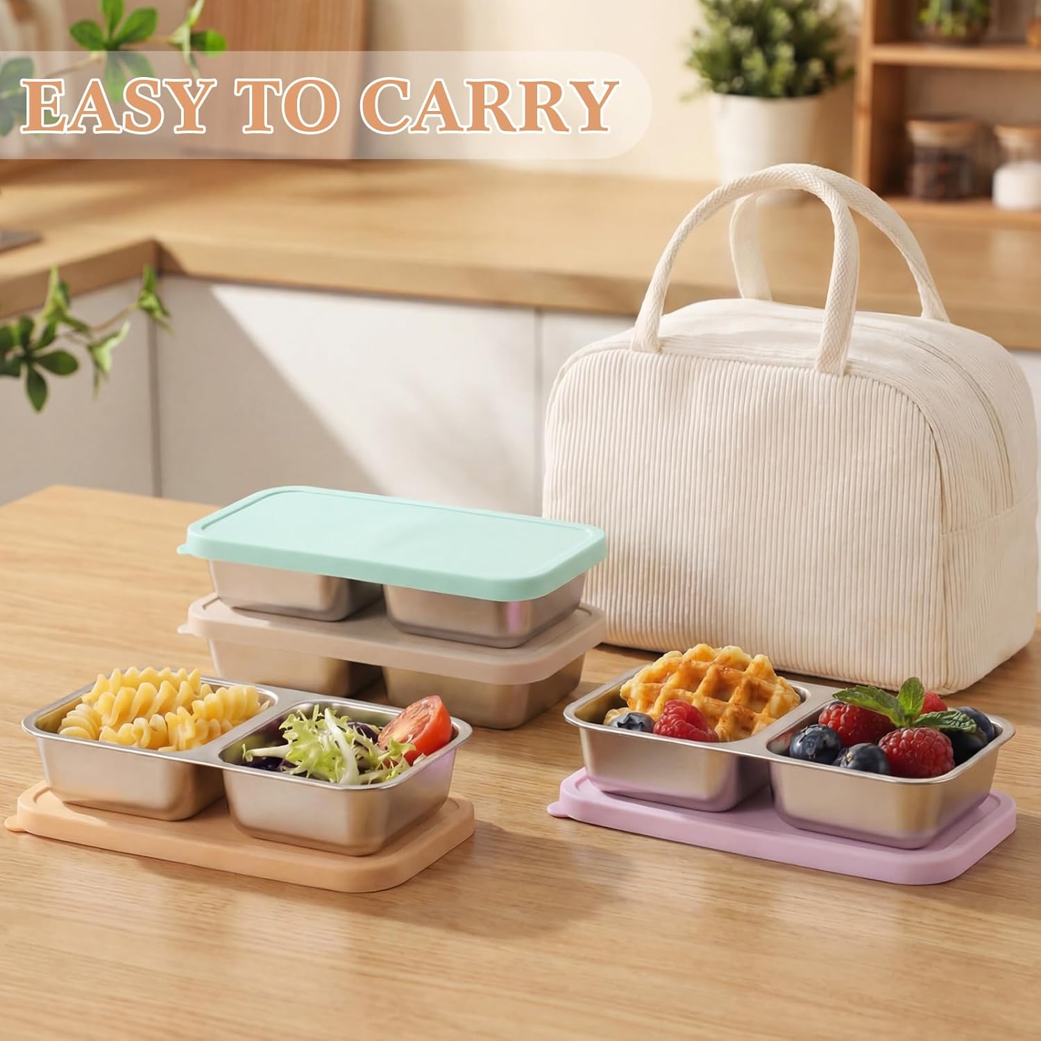 8 Pack 2-Compartment Stainless Steel Snack Containers Include 8 Silicone Lids and 8 Box Bodies Reusable Stackable Box for Adult Work, Travel & Camping 7.9 x 4.1 x 1.6 Inch (Morandi)