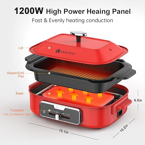 Miniatura 3 de VENTRAY - Sartén eléctrica para interiores sin humo con dos platos extraíbles antiadherentes, plancha de vapor multifunción y sartén eléctrica,