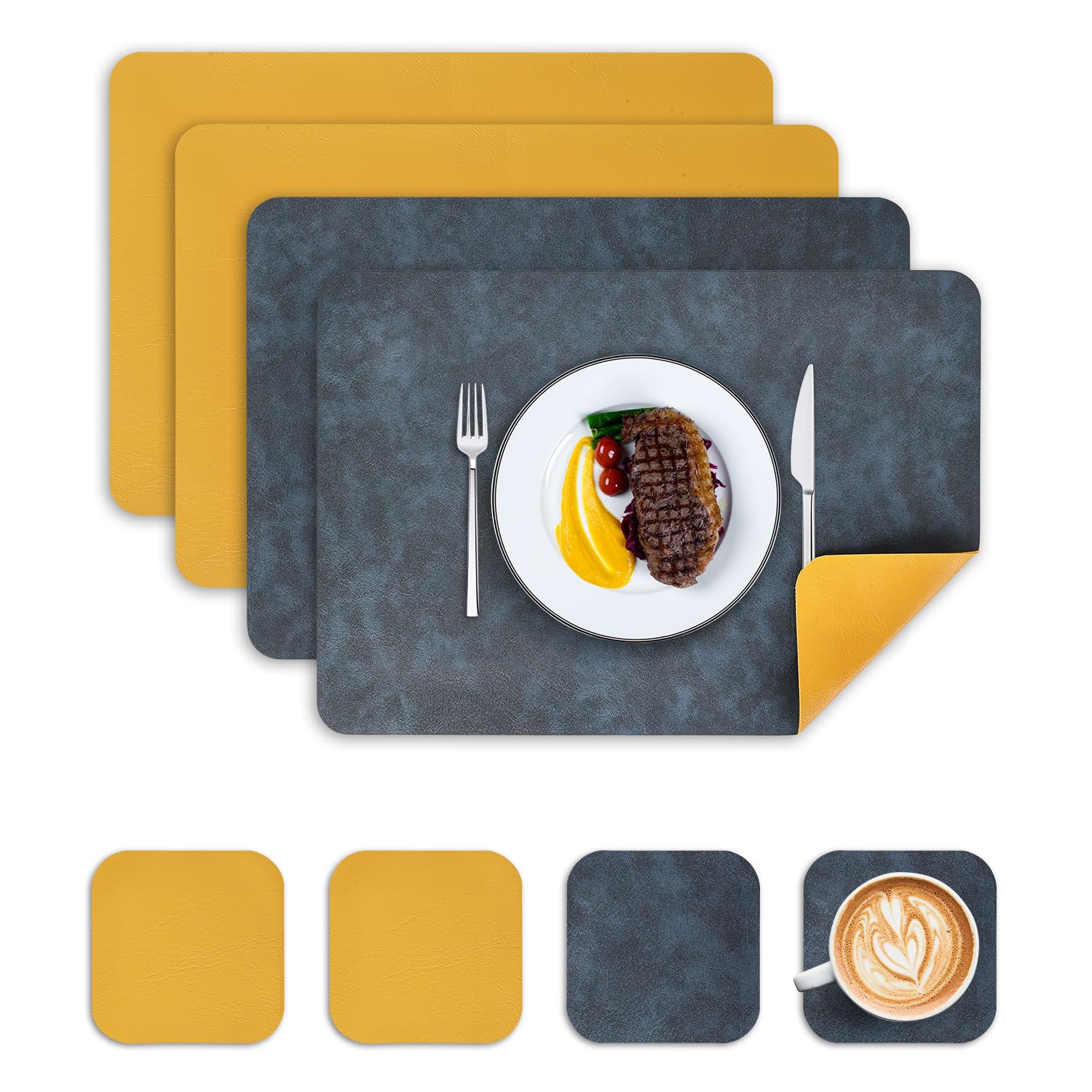 Wanfolle Tischsets Abwaschbar und Untersetzer 4er Set, Tischsets Leder Platzset Abwischbar Doppelseitigen Hitzebeständig Wasserdicht rutschfest Platzdeckchen Lederoptik (Blau Gelb)