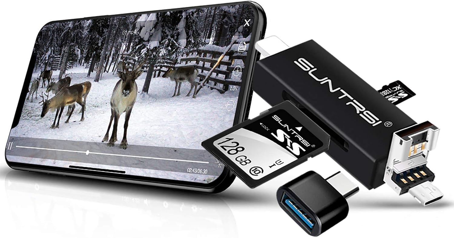 SD/Micro SD Card Reader for iPhone/iPad/Mac/Android/Computer/Camera,Trail Camera Viewer &Memory Card Reader Micro SD Card Adapter to View Hunting Game Camera Photos and Videos on Smartphone