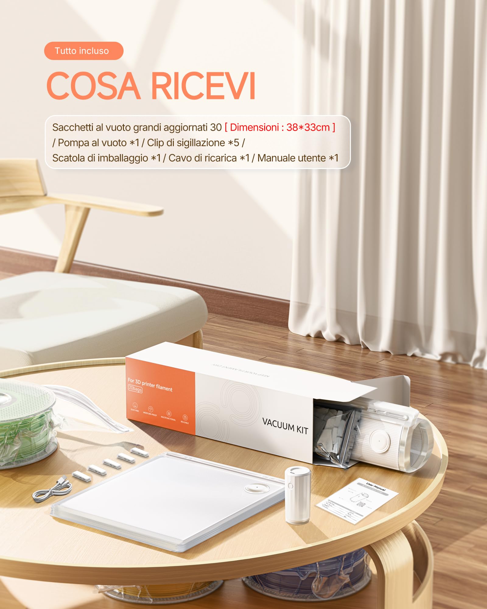 YOOPAI Kit sacchetti sottovuoto per filamento per stampante 3D con pompa automatica, 30 sacchetti extra grandi (38 x 33 cm), compatibili con filamento Bambu Lab 1,75 mm