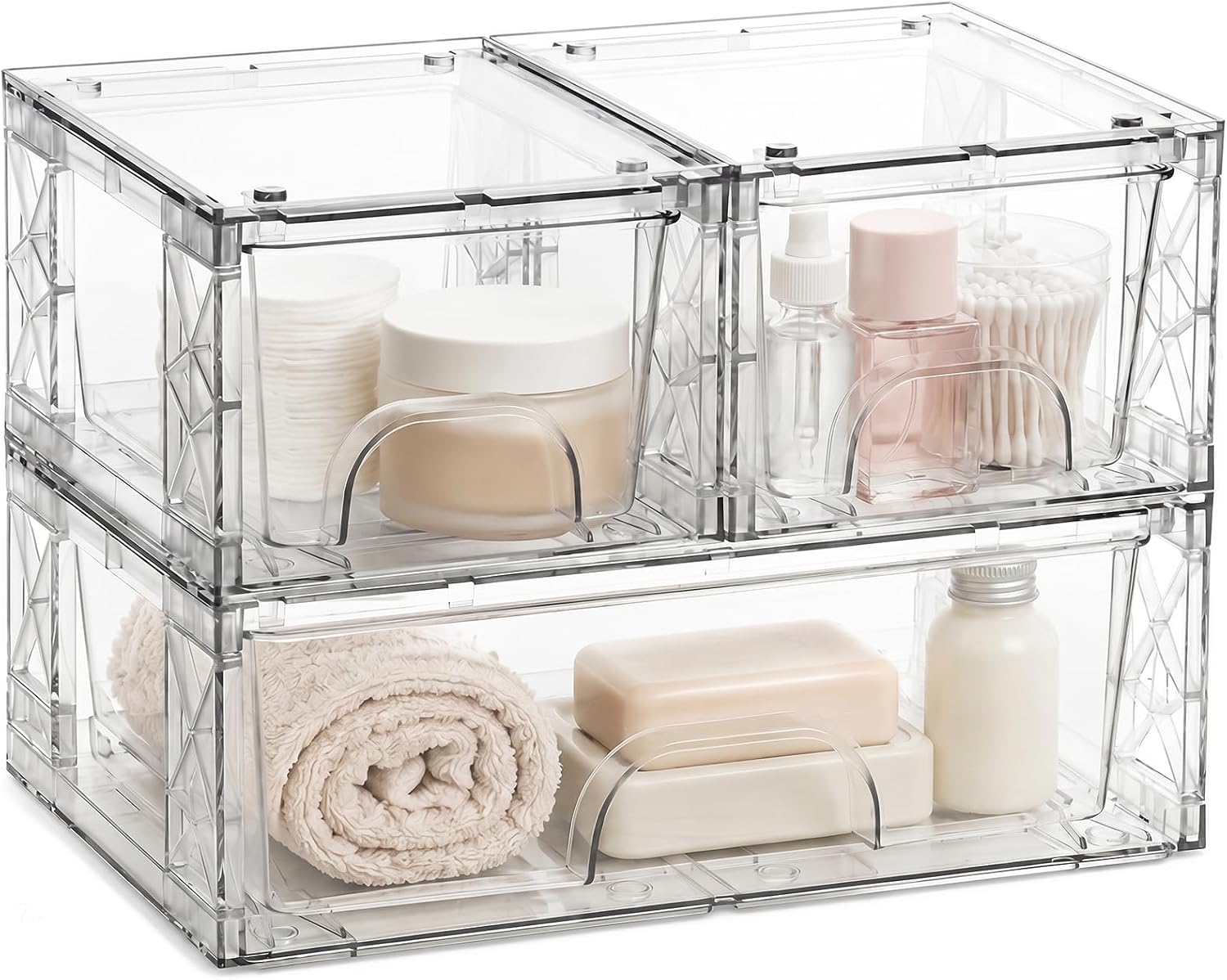 Stackable Storage Drawers 3 Pack Bathroom Undersink Organizers Simply Assembled Plastic Bins, Containers for Cosmetics, Bathroom, Kitchen, Cabinets, Snack