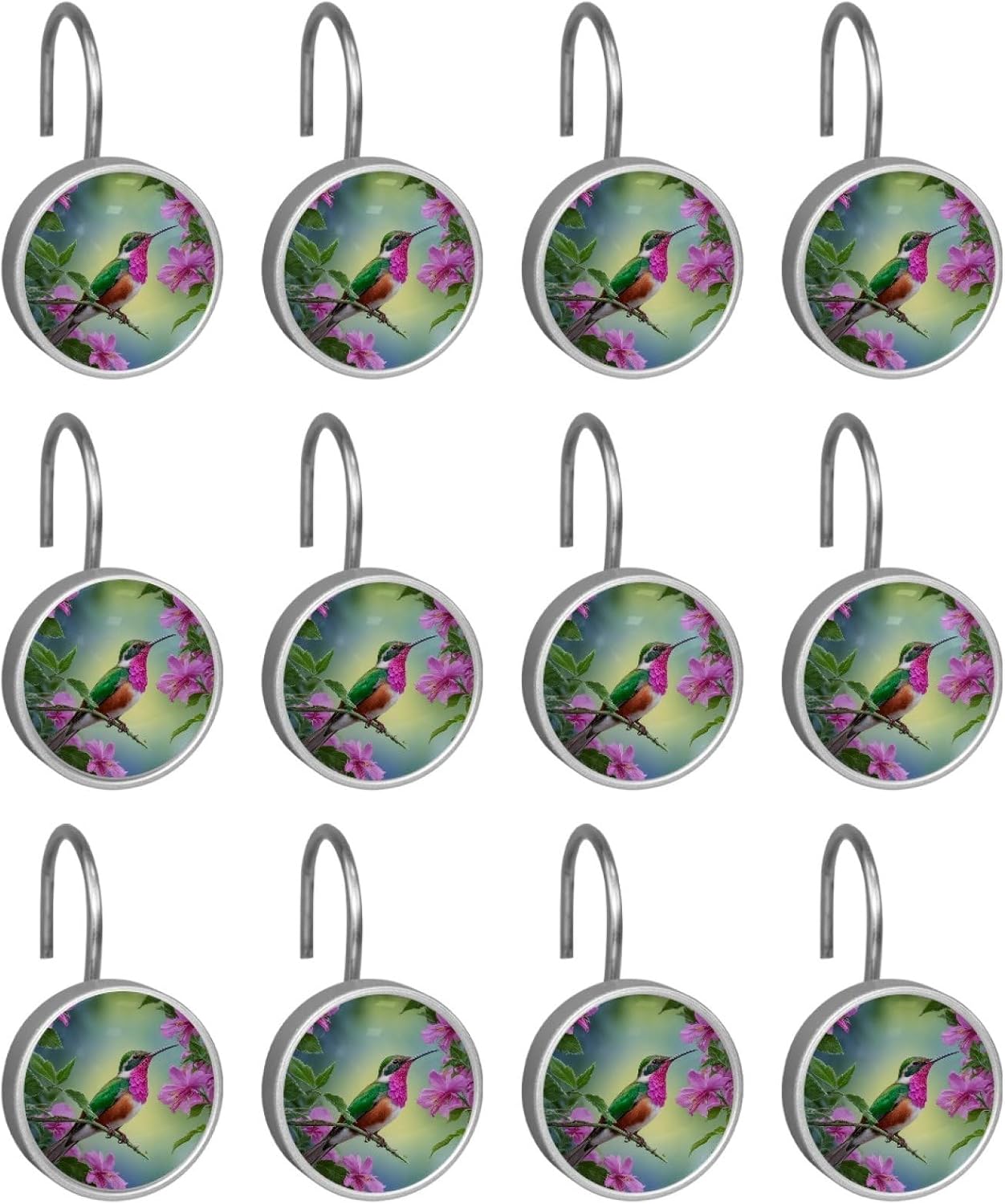Bird Flower 12 Packs Shower Curtain Hooks Glass Surface Curtain Hooks Rings, Rust Proof Stainless Steel Shower Hanger for Bathroom Bathtub Kitchen Home Rod Decor