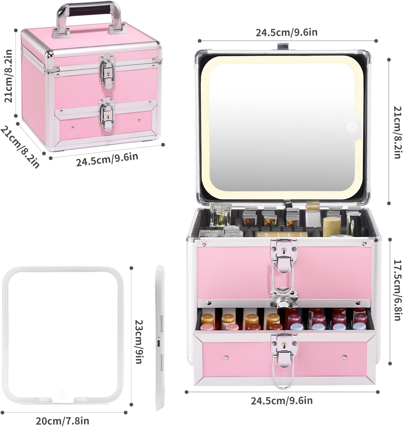 Leeora&Leekoo Makeup box with Drawer and lighted mirror travel train Case, cosmetic organizer with Adjustable Dividers and Magnetic led mirror (Pink)
