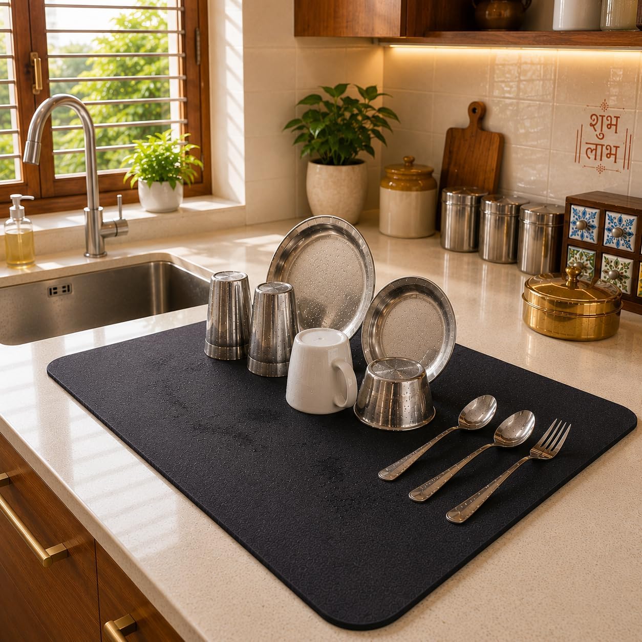 Dish Drying Mat for Kitchen Counter 60 x 40 cm Black | Super Absorbent Water Absorbing Mat for Kitchen | Non Slip Rubber Backing Quick Dry Mat for Wet Utensils, Dish Rack, Coffee Machine & Countertop