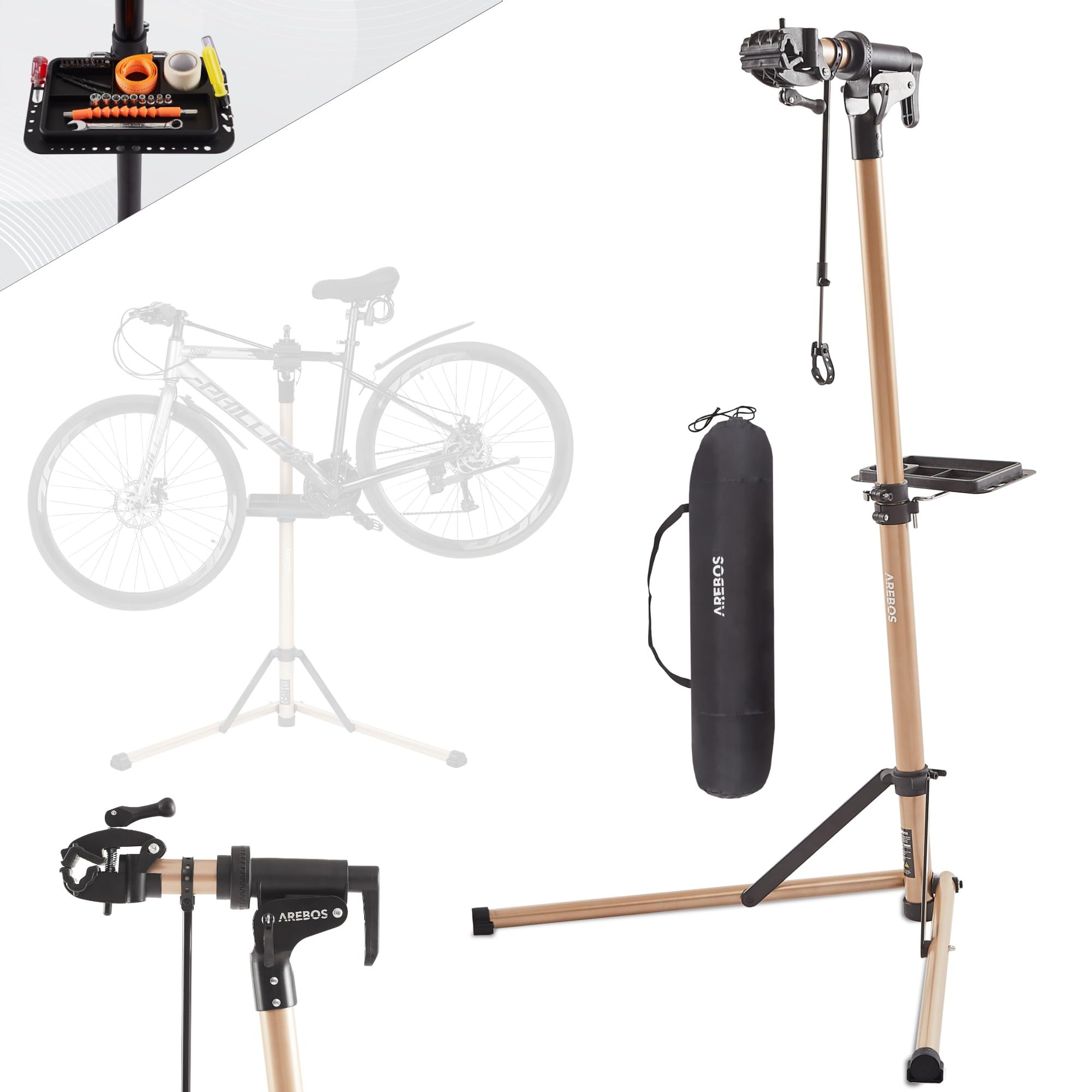 Arebos Fahrrad-Montageständer aus Aluminium – Profi Reparaturständer für E-Bike, Mountainbike & Fahrrad, 360° drehbar, mit Tasche und Schnellspannvorrichtung Champagner