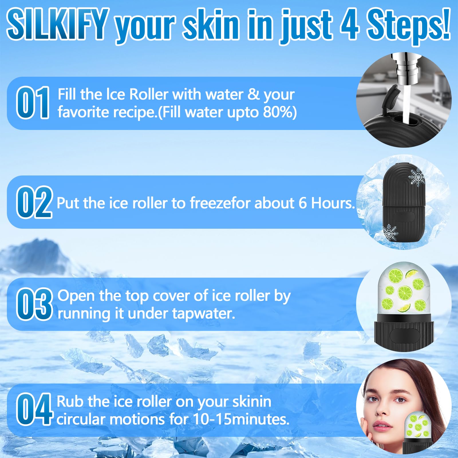 Ice Roller Facial, Hielo Para la Cara de Silicona, Reutilizable Rodillo Facial De Hielo, Rodillo Hielo Facial, Ayuda a Reducir Los Poros, Aliviar el Dolor, Masaje(Negro)