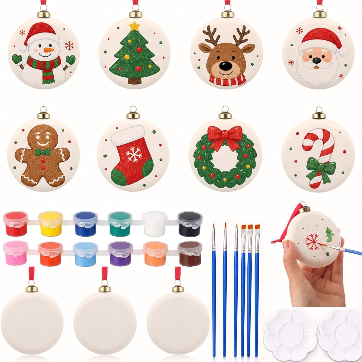 Seenelling 9 Pcs Paint Your Own Christmas Ornament Kit, 2.4 Inch Flat Discs | Unpainted Plastic Balls, Acrylic Paints, Palette, Brushes; Xmas Tree Hanging DIY Crafts, Holiday Party Blank Decorating Set