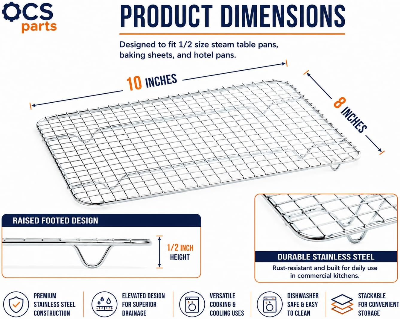 OCS Parts 3-Pack 8" x 10" Stainless Steel Pan Grates | Footed Cooling Pan Grate for 1/2 Size Steam Tables, Baking, and Hotel Pans
