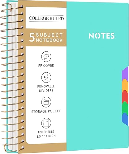 Miniatura 49 de CAGIE Cuadernos de espiral para trabajo escolar con pestañas divisoras extraíbles, 8.5 x 11 pulgadas, cuaderno de 5 materias a rayas universitarias
