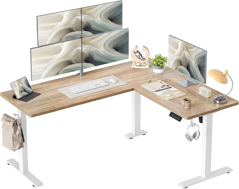 L Shaped Standing Desk Adjustable Height, Reversible Electric Corner Standing Desk, 63 x 55 inch Sit Stand Computer Table with Splice Board, Maple