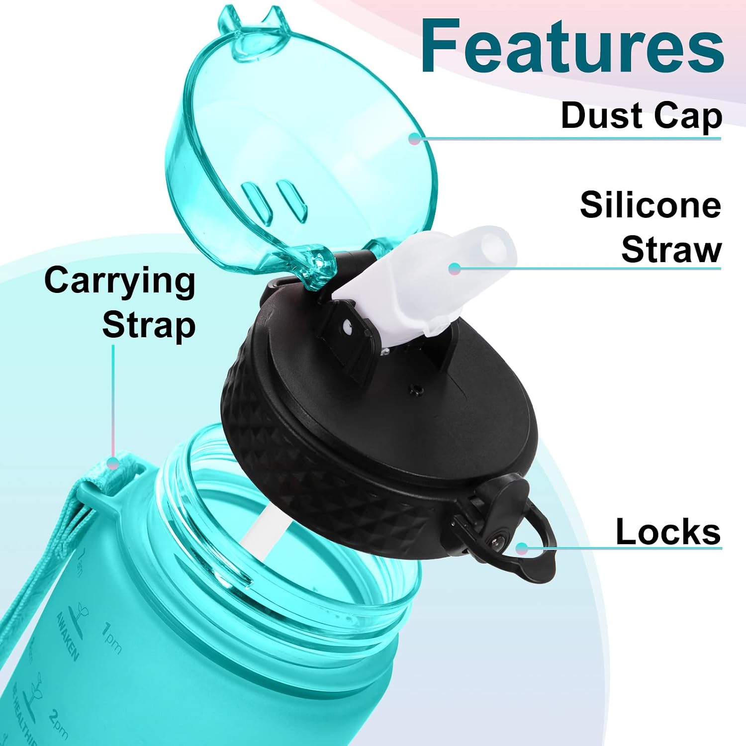 24 OZ Motivational Kids Water Bottle With Time Marker,Straw Lid,Leak Proof, Tritan BPA Free Sports Water Bottle Dark Green Pink (1 Lid) image 4