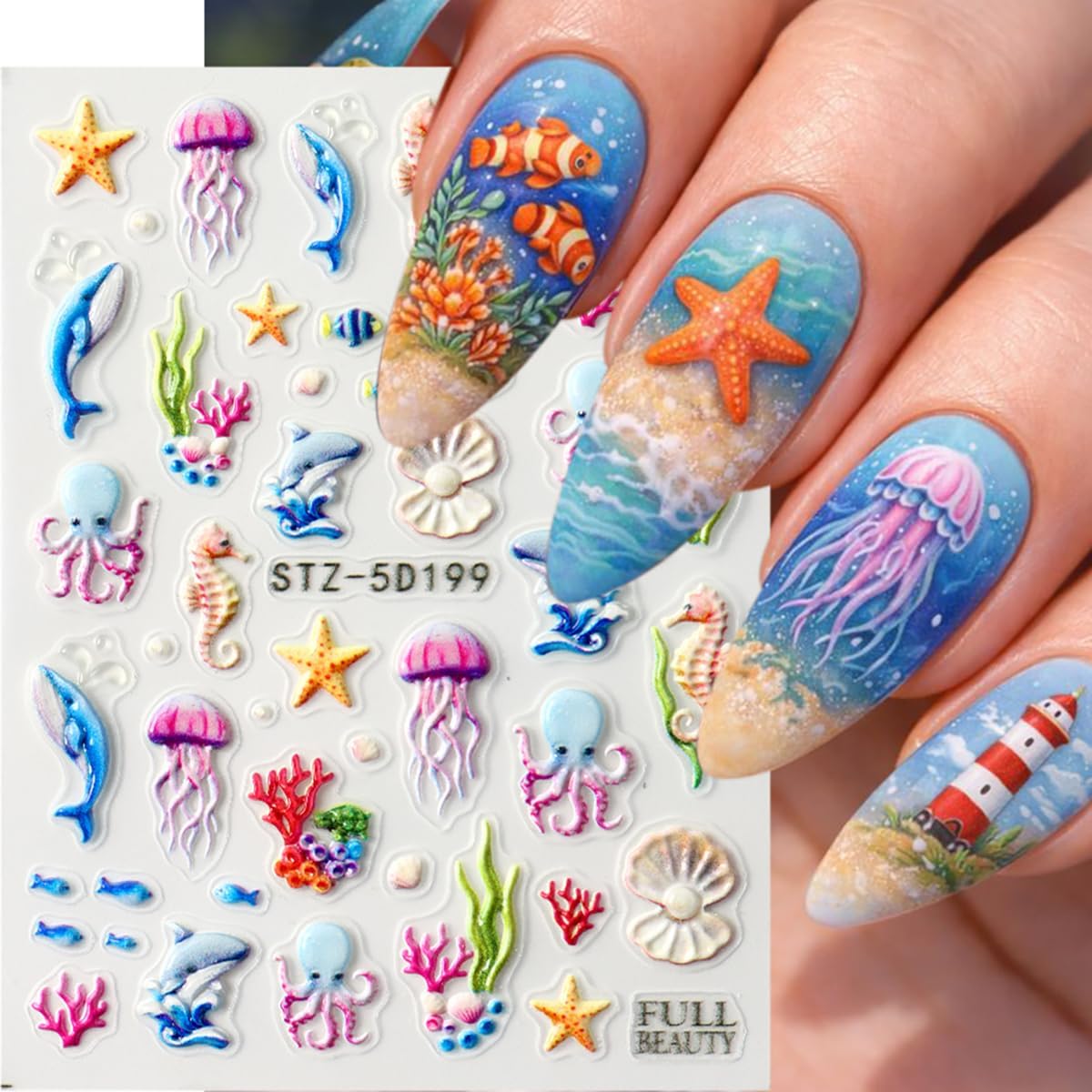 3D Ocean Nail Stickers Summer Beach Nail Decals Embossed Self Adhesive Whale Seahorse Starfish Coral Seashell Fish Designs Nail Art Accessories for Women DIY Manicure Decorations Supplies 2PCS