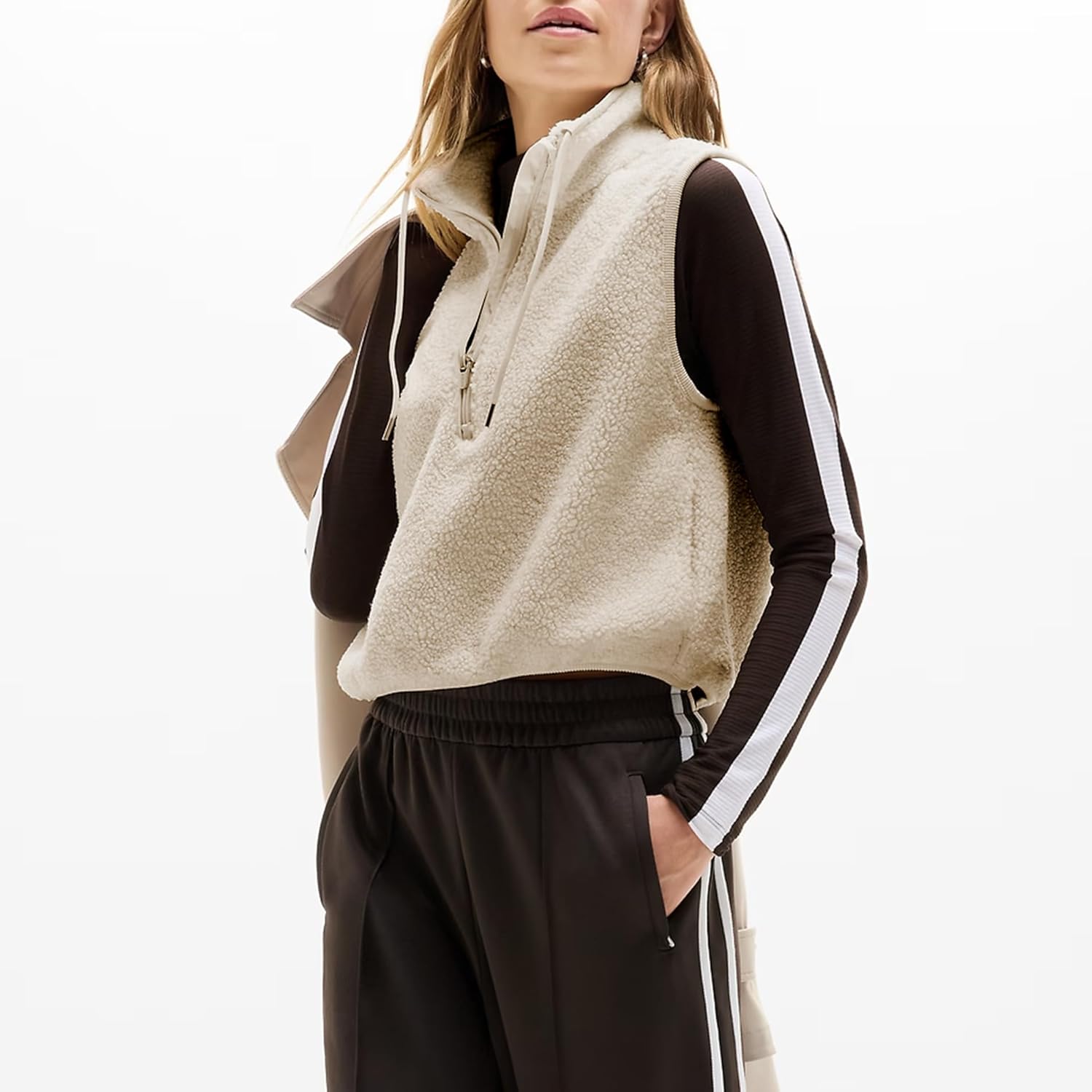 Songling Womens Fuzzy Fleece Vest High Neck Cropped Half Zip Up Warm Sherpa Vest Drawstring Pullover with Pockets - Image 3