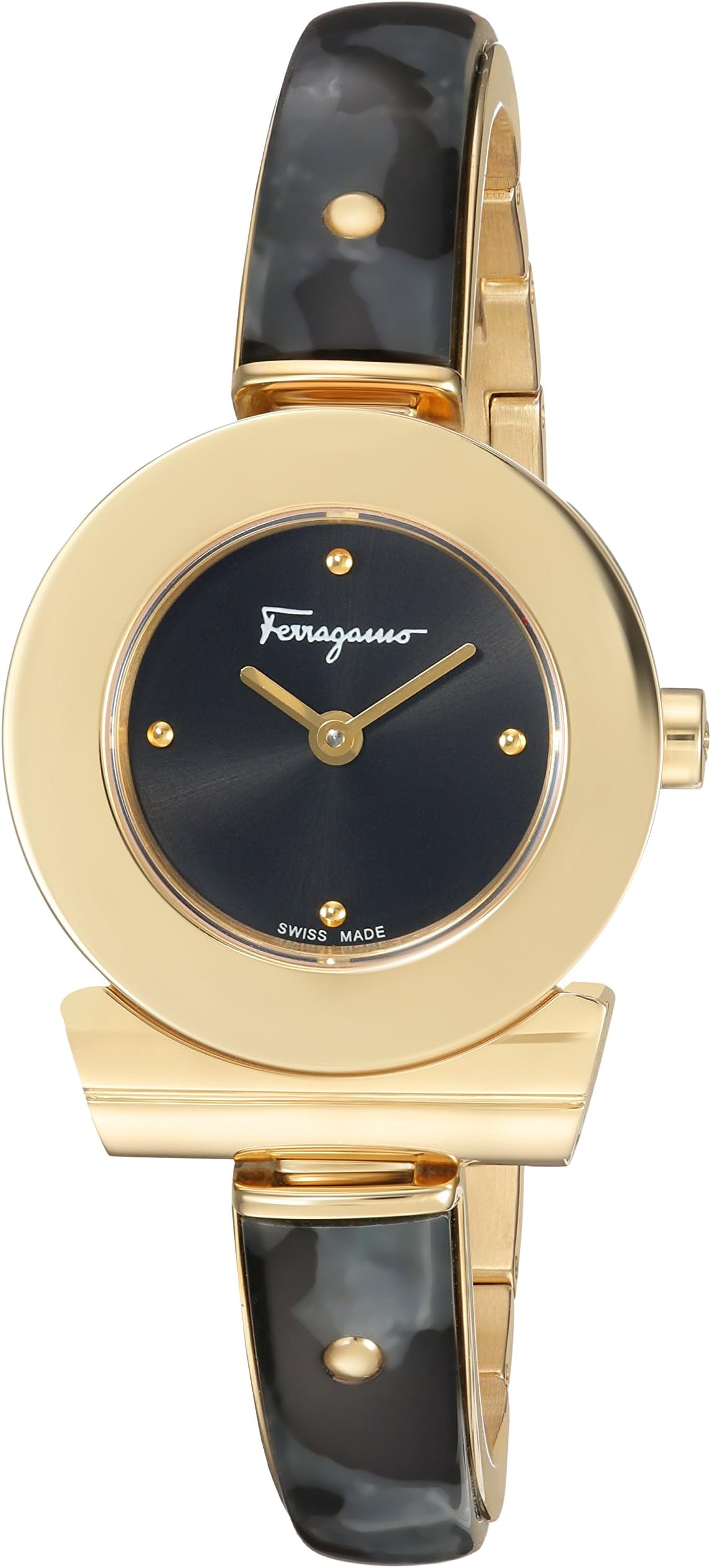 Salvatore Ferragamo Gancino Bracelet Women's Quartz Watch with Black Dial and Champagne Gold Bangle Bracelet with Acetate Inlay FII090016