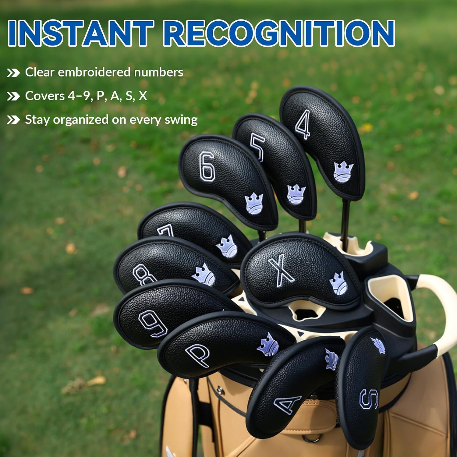 Golf Iron Head Covers Set of 10/12PCS, PU Leather Golf Club Head Covers, Hook & Loop Closure, Iron Headcovers Waterproof, Universal Fit Golf Accessories