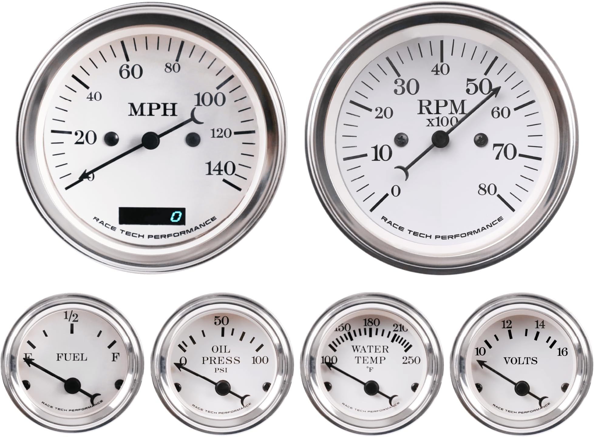 Classic 6 Gauge Set - 85mm 3-3/8" ECU Based Electrical Speedometer Tachometer - 52mm 2-1/16" Voltage Fuel Level Water Temperature Oil Pressure - 140MPH 240-33 Ohm - White Dial Black Needle