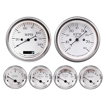 RaceTech Classic 1 Serious Electric 6 Gauge Set Gauge White Dial for Car Instrument Cluster - With Speedometer & Tachometer - Bolt Fuel Level Water Temperature Hydraulic Gauge